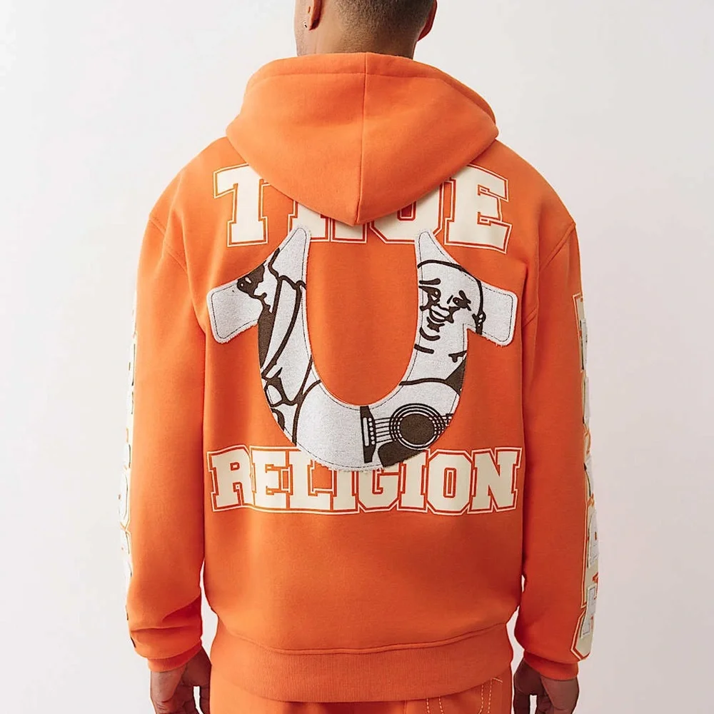 NWT True Religion Men's Terry Appique Orange Zip-Up Hoodie Sweater